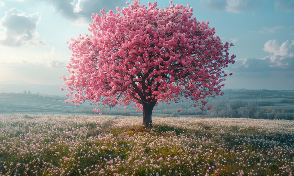 Gardener planting a cherry blossom tree sapling in early spring.
