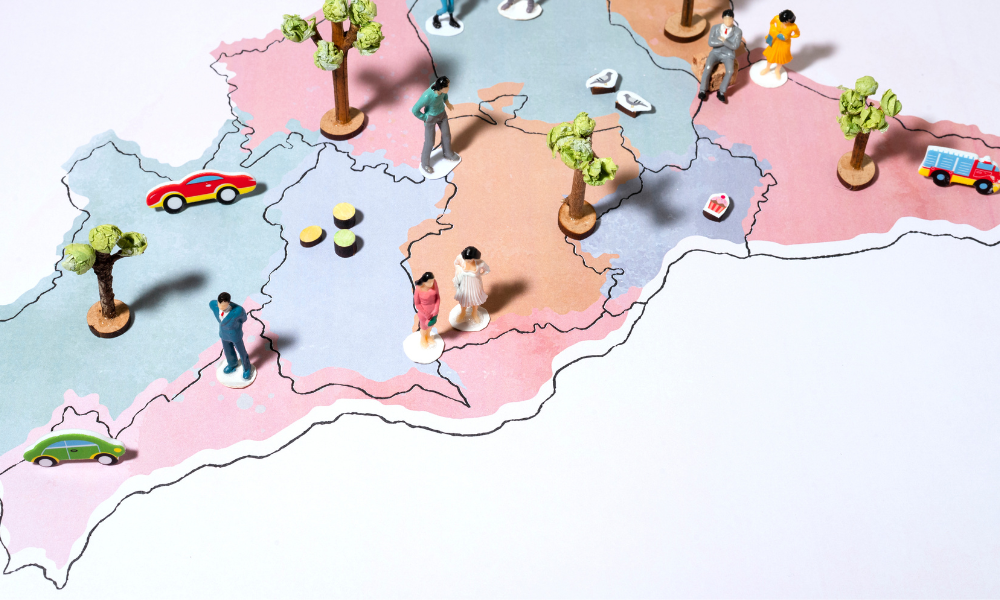 Cherry blossom trees blooming in a park setting under a clear sky.