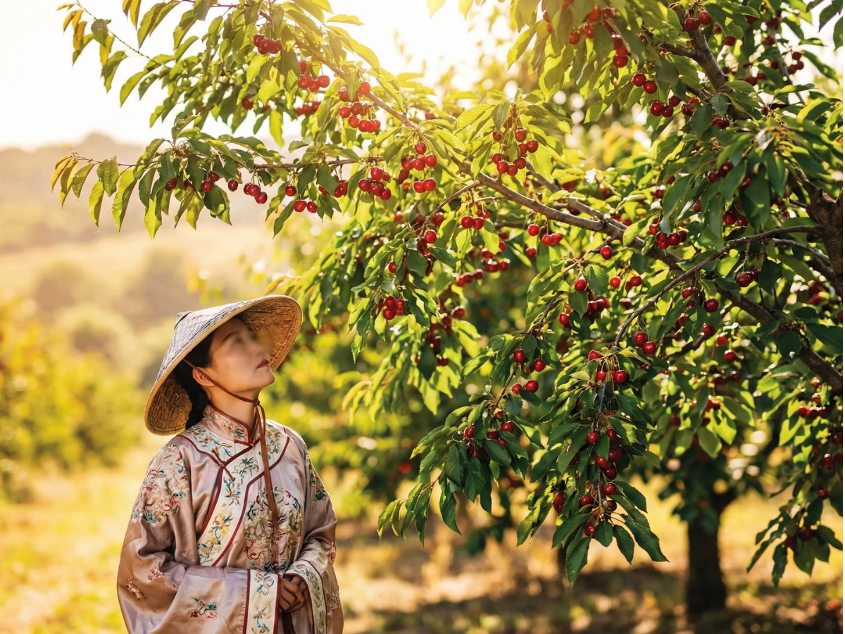 Chinese gardener inspecting a Bing cherry tree in Colorado