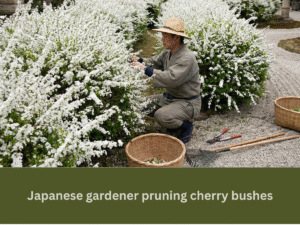 apanese gardener pruning blooming white cherry bushes in a traditional garden