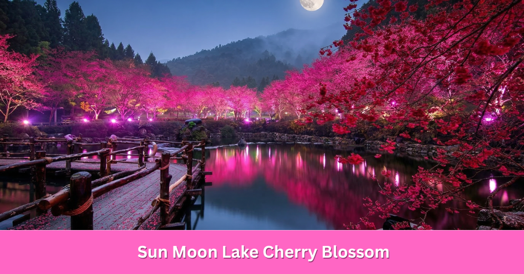 A breathtaking view of red Sun Moon Lake cherry blossom trees reflecting on the water under a glowing moon at night.