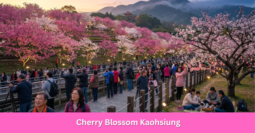 A vibrant scene of Cherry Blossom Kaohsiung at a popular landmark, showing a specialized area where visitors enjoy the blooming trees.