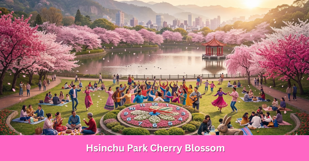 A festive atmosphere at Hsinchu Park cherry blossom festival where people from all over the world are seen picnicking and dancing under blooming trees.