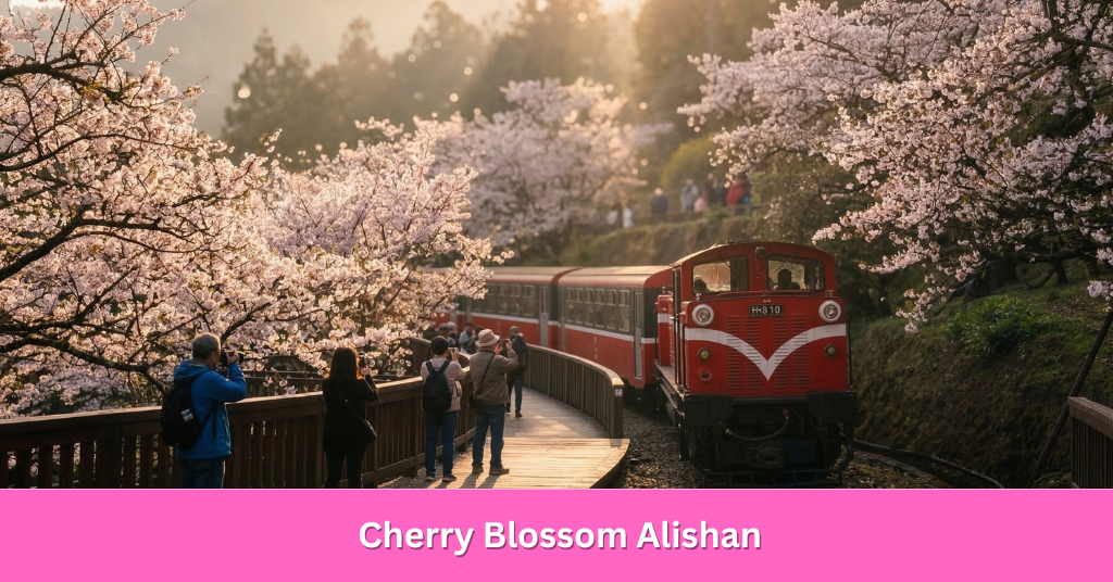 A historic steam train passing through a cloud of pink Alishan cherry blossom trees in the misty mountains of Taiwan.