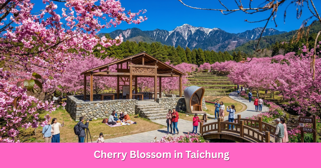 A scenic landscape of Cherry Blossom in Taichung, featuring a vibrant pink canopy of Sakura trees in a popular city park or mountain farm.