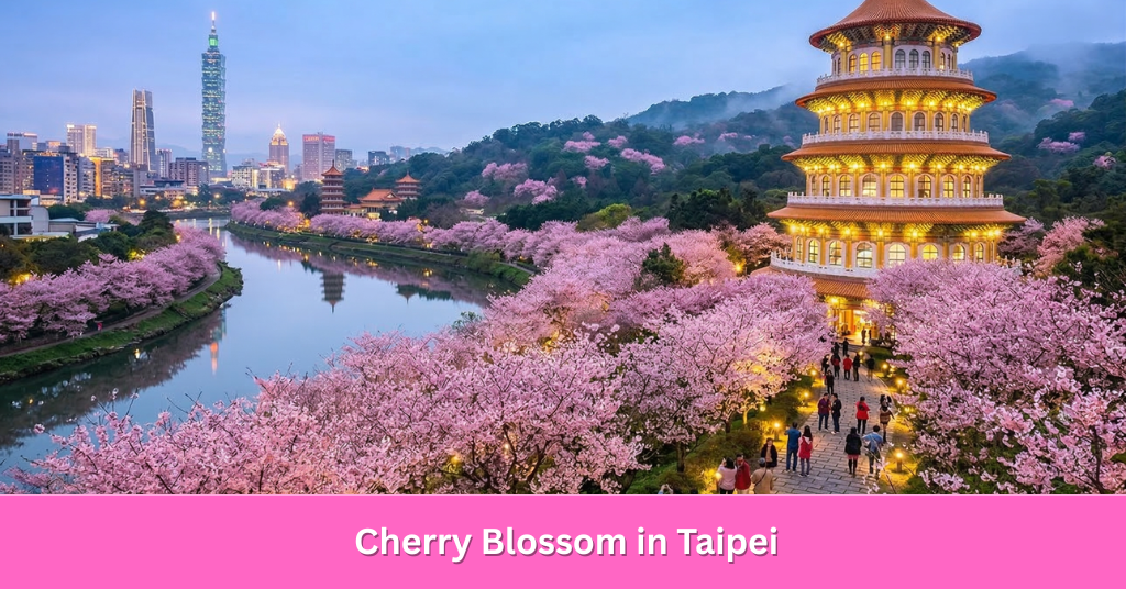 Vibrant Cherry Blossom in Taipei blooming at Yangmingshan National Park, with the famous Flower Clock in the background.