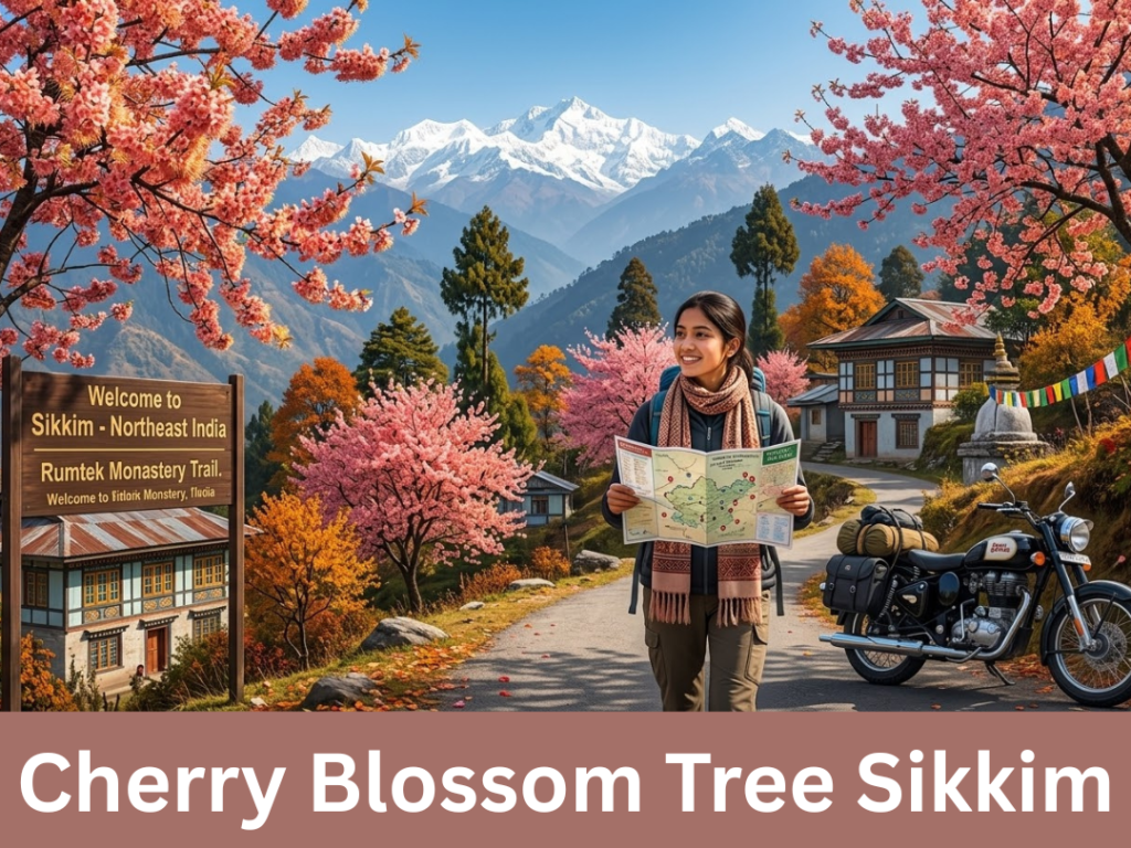 The vibrant pink Wild Himalayan Cherry Blossoms (Prunus cerasoides) blooming in the mountainous landscape of Sikkim during autumn.
