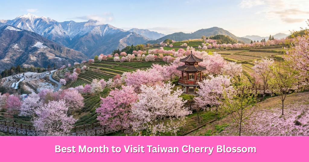 A colorful 2026 calendar map showing the best month to visit Taiwan cherry blossom by region, from Taipei in February to Alishan in late March.