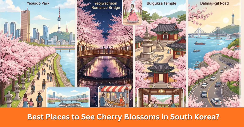 A scenic view of pink cherry blossoms at Gyeonghwa Station and Yeouido Park, highlighting the best places to see cherry blossoms in South Korea.
