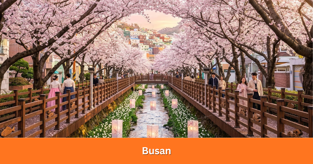A beautiful view of Busan cherry blossom trees lining the Oncheoncheon Stream and Dalmaji Hill with coastal views.