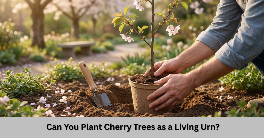 Alt Text A vibrant pink cherry tree used as a living urn cherry blossom memorial, thriving in a sunny backyard.