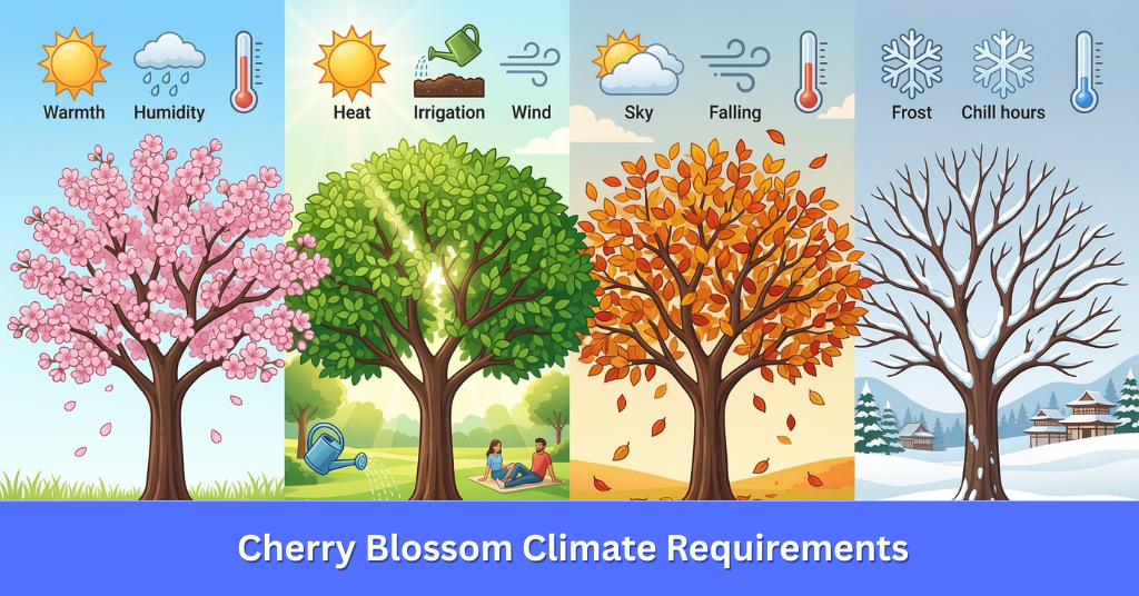 An infographic map and chart detailing the ideal climate requirements for cherry blossom trees, including temperature zones and humidity levels.