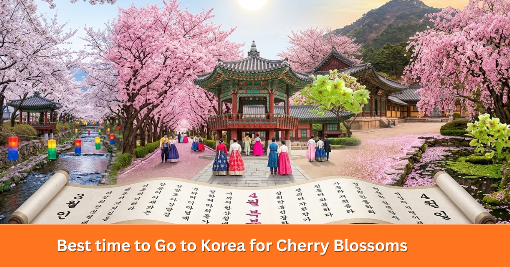 A detailed map of South Korea showing the Cherry Blossom Korea 2026 forecast with estimated bloom dates for Jeju, Busan, and Seoul.