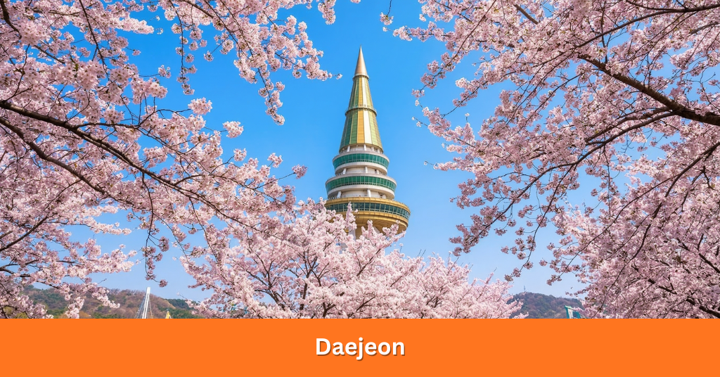 A scenic view of the Daejeon cherry blossom season along the banks of the Gapcheon River and the KAIST university campus.