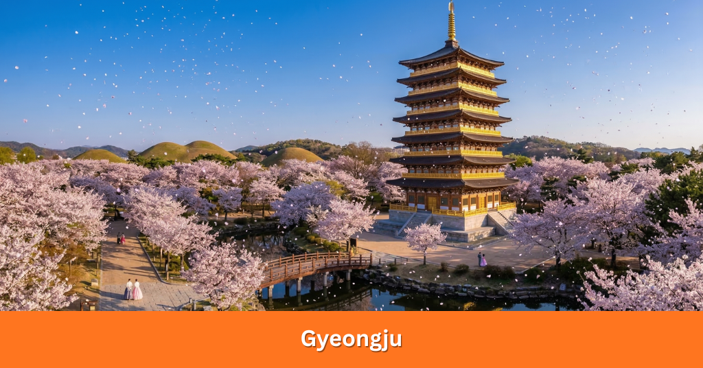 Pink Gyeongju cherry blossom trees framing ancient stone pagodas and traditional Hanok buildings at Bulguksa Temple.