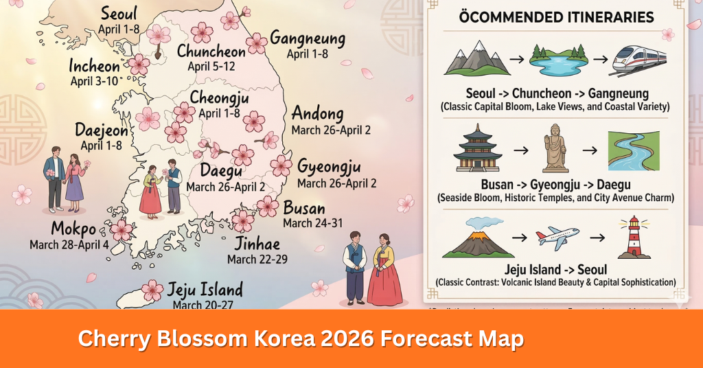 Tabel jadwal perkiraan mekarnya bunga sakura di Korea Selatan tahun 2026 untuk kota Seoul, Busan, dan Jeju.