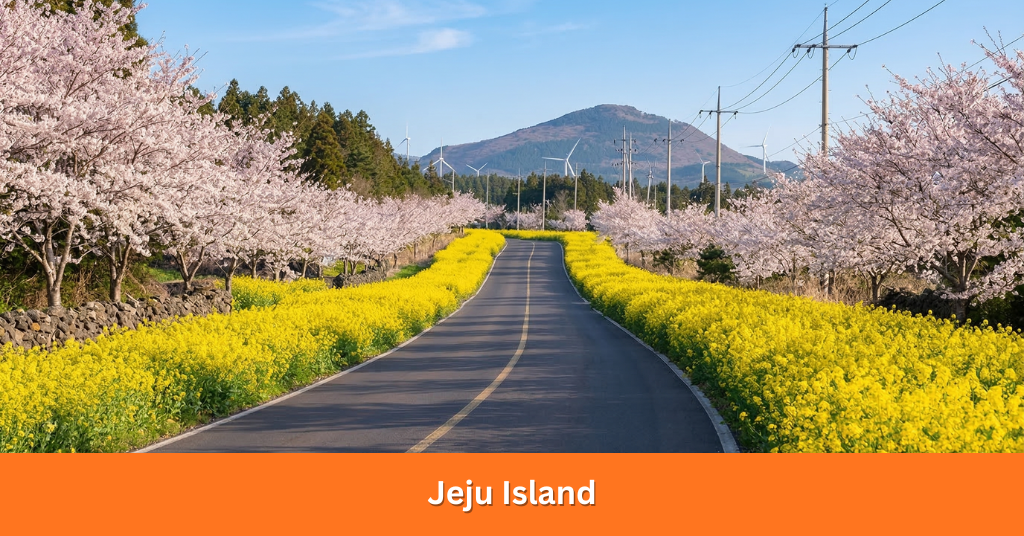 Rare King Cherry trees blooming along the streets of Jeju City with vibrant pink petals and volcanic stone walls.