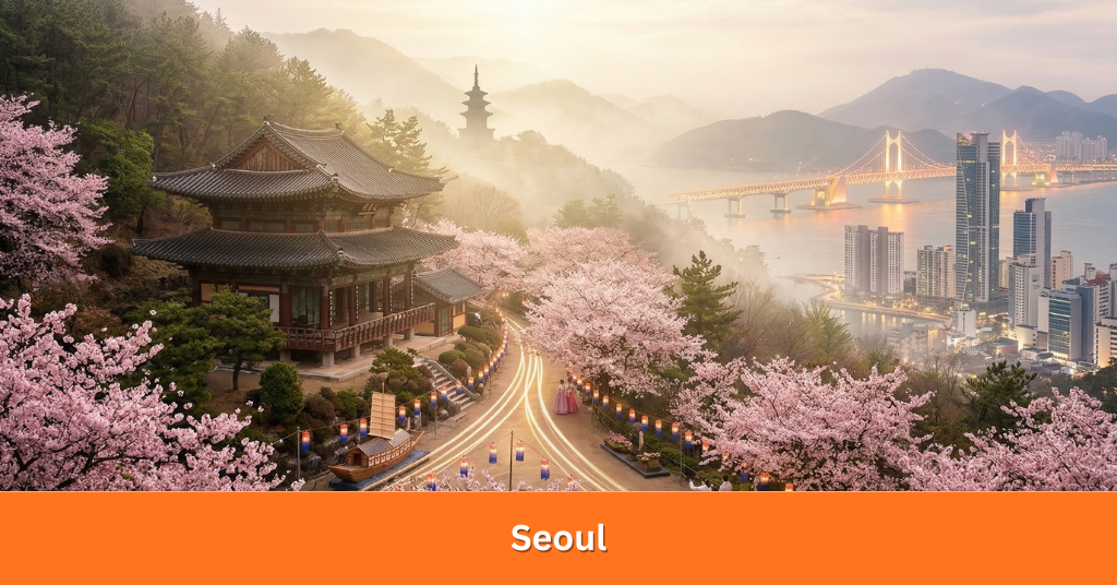 Thousands of pink cherry blossoms lining the Yeouido Hangang Park and Seokchon Lake with Lotte World Tower in the background.