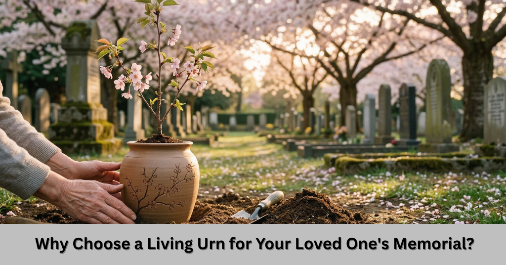 Alt Text A serene landscape featuring a living urn cherry blossom living urn tree as a focal point for a peaceful garden memorial.