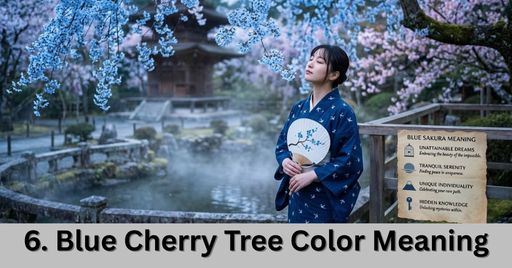 Alt Text An ethereal blue cherry blossom tree representing tranquility, mystery, and the unreachable.