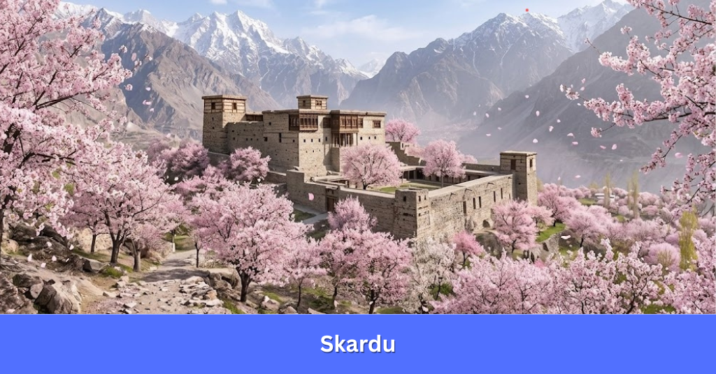 A dramatic view of pink cherry blossom trees flowering beneath the majestic, snow-capped mountains of Skardu, Pakistan.
