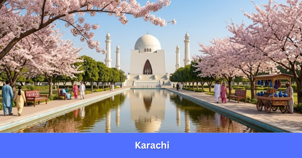 Pink cherry blossom trees flowering in a Karachi park, Pakistan.