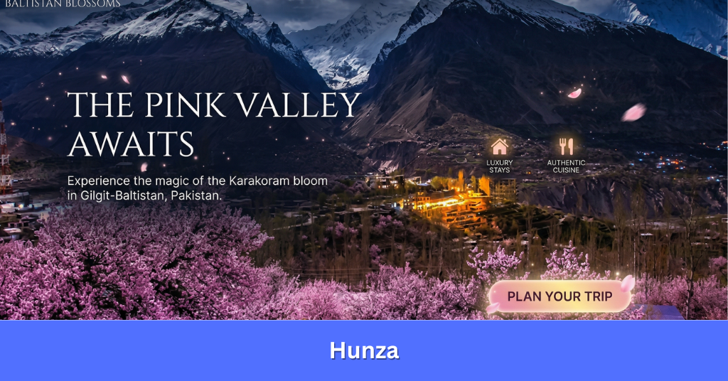 Traditional stone houses surrounded by blooming cherry blossoms in Hunza Valley.