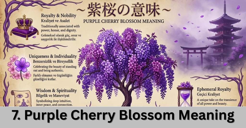 Exotic purple cherry blossoms in full bloom symbolizing royalty, nobility, and creative mystery.