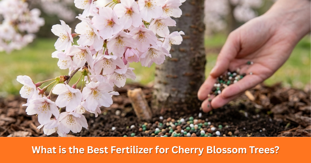 A gardener applying granular organic fertilizer around the base of a cherry blossom soil requirements in early spring.