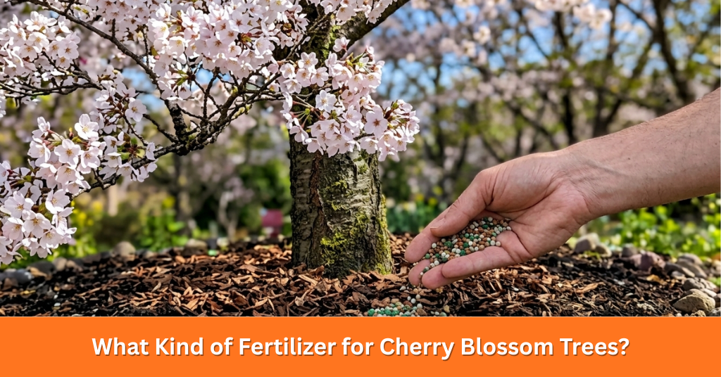 Close-up of organic slow-release fertilizer pellets being spread in the soil near a cherry blossom tree root zone.