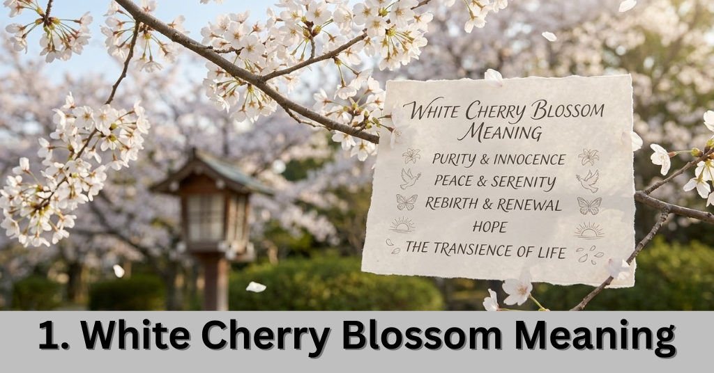 Pure white cherry blossoms symbolizing innocence, spiritual purity, and new beginnings.